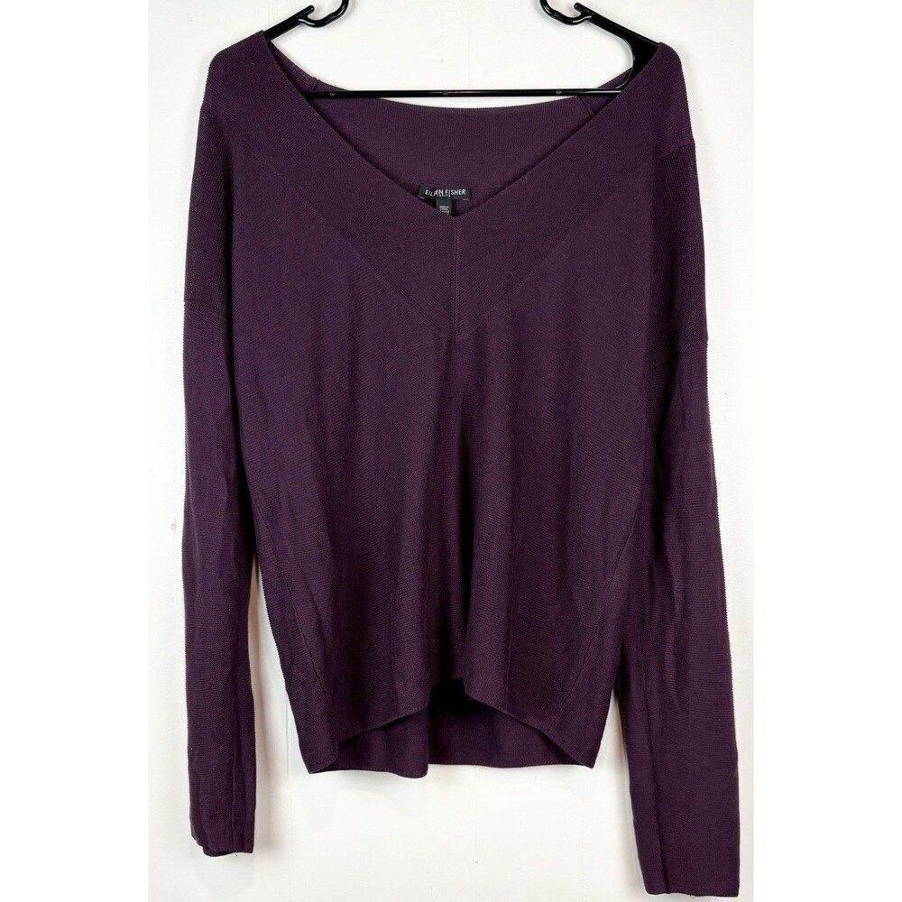 Eileen Fisher Sweater Petite LG Purple V-Neck  Silk Blend Lightweight Career
